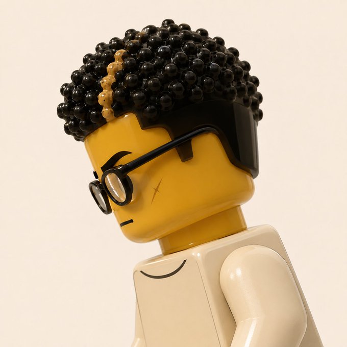 Close-up of a yellow LEGO minifigure with black curly hair, round glasses, and a thoughtful or concerned expression against a plain cream background.