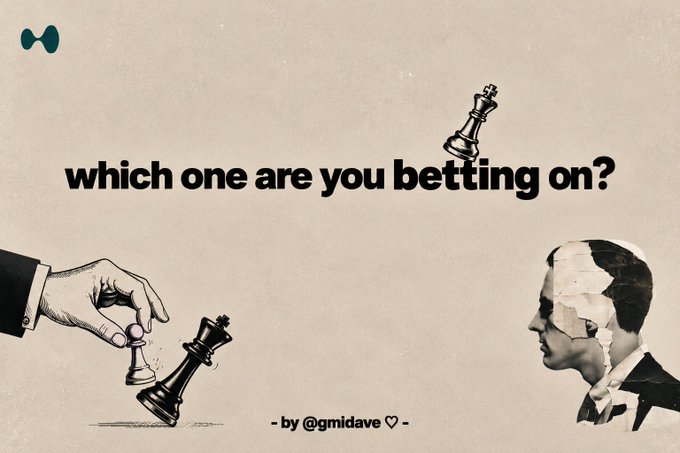 A graphic with the text 'which one are you betting on?' by @gmidave, showing a hand playing chess while a man's face appears cracked like a chess piece.