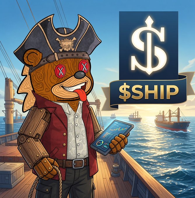 A cartoon bear pirate wearing a tricorn hat and red vest stands on a ship's deck holding a tablet displaying charts, with the "$SHIP" logo and an anchor emblem featured prominently in the top right corner against a backdrop of cargo ships at sea, visually representing the EthraShip tokenization of real maritime shipping assets described in the post.