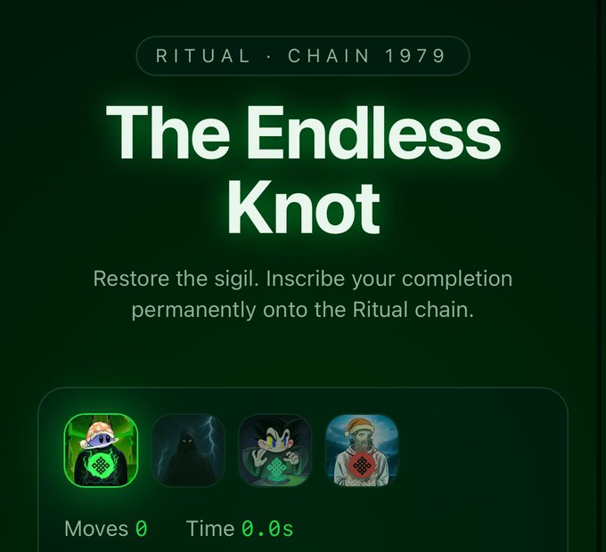 The image shows a green screen with white text that reads "The Endless Knot". The screen also displays three different icons, each representing a different game level or achievement within the game. These achievements are related to the game of ritual-pixel-quest, which is an app for learning about rituals and their significance in various cultures.