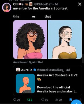 Twitter/X post by @ChloeDefi showing an art contest entry for 'Aurelia' with two character illustrations side by side, in response to @Aureliastudios announcing an 'Aurelia Art Contest.'