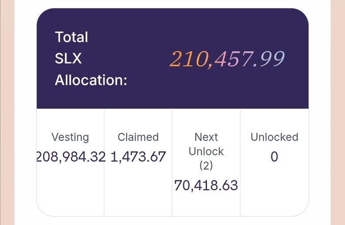 The image displays a Solstice (SLX) token allocation dashboard showing a total of 210,457.99 SLX, with 208,984.32 vesting, 1,473.67 claimed, 70,418.63 in Next Unlock (2), and 0 unlocked—supporting the post's claim about the upcoming SLX unlock being worth over $29,000.