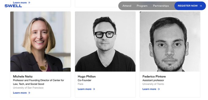 The image displays three speaker profiles for the Ripple Swell event: Michele Neitz (University of San Francisco), Hugo Philion (Co-Founder of Flare), and Federico Pintore (University of Trento). It relates to the post by highlighting Hugo Philion's profile, identifying him as the featured Flare speaker who will discuss XRP's role in programmable capital and cross-chain execution at the conference.