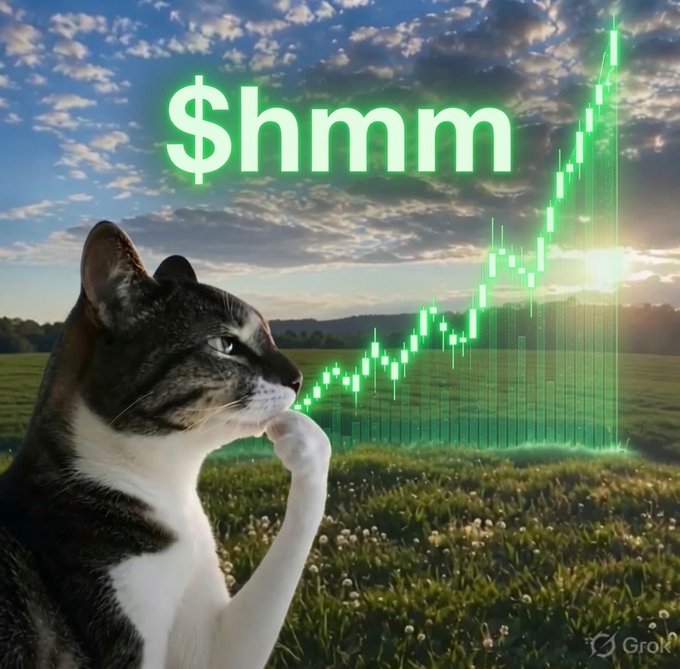 A meme featuring a cat in a thinking pose with the text '$hmm' displayed in green glowing letters, alongside a rising green stock chart overlay in a grassy field at sunset.