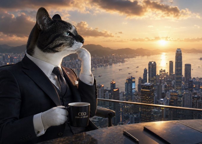 A cat wearing a suit holds a "CEO PAW & ORDER" mug while overlooking a Hong Kong skyline at sunrise, projecting confidence and optimism.

The image captures the bullish morning sentiment of the post, with the contemplative feline executive gazing toward the rising sun over the financial hub—symbolizing a poised, upward market momentum and strategic anticipation of victory.