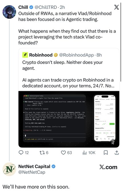 The image shows a tweet from Chill (@ChillTRD) commenting on a Robinhood announcement about AI agents trading crypto 24/7, highlighting a potential project built on tech co-founded by Vlad (Vlad Tenev of Robinhood), with NetNet Capital (@NetNetCap) retweeting and teasing future content about $NET.