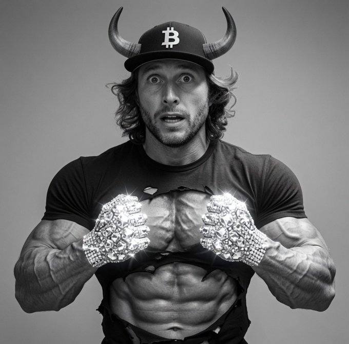 A muscular man wearing a horned Bitcoin cap rips open his shirt to reveal diamond-encrusted "TBB" rings on both fists, his wide-eyed expression matching the post's over-the-top excitement about David Gokhshtein joining the $TBB movement. The image's "unstoppable" flexing pose visually reinforces the post's declaration that "We are unstoppable."