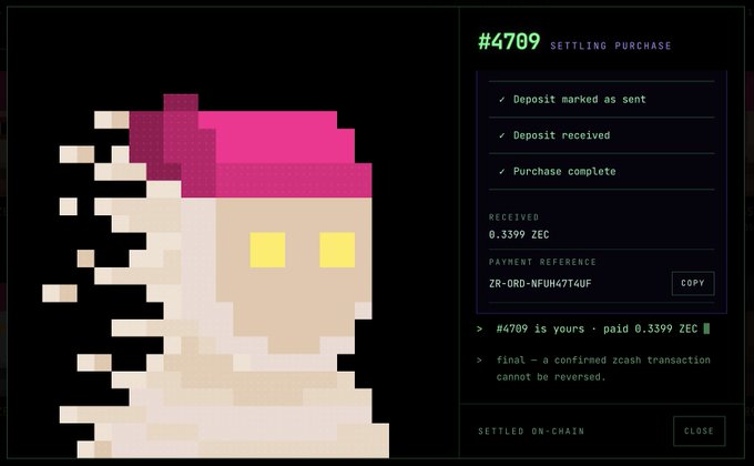 A screenshot of a crypto transaction settling the purchase of pixel-art NFT #4709 for 0.3399 ZEC, marked as 'final' and 'cannot be reversed.'