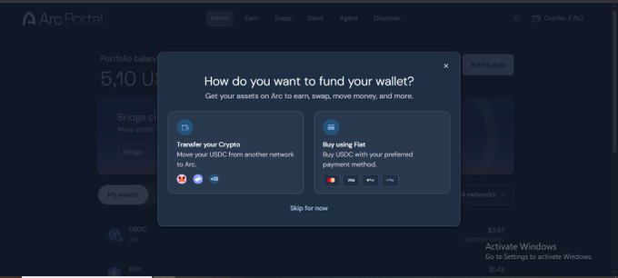 A screenshot of the ArcPortal platform showing a modal that asks 'How do you want to fund your wallet?' with options to transfer crypto or buy using Fiat, with an 'Activate Windows' watermark in the corner.