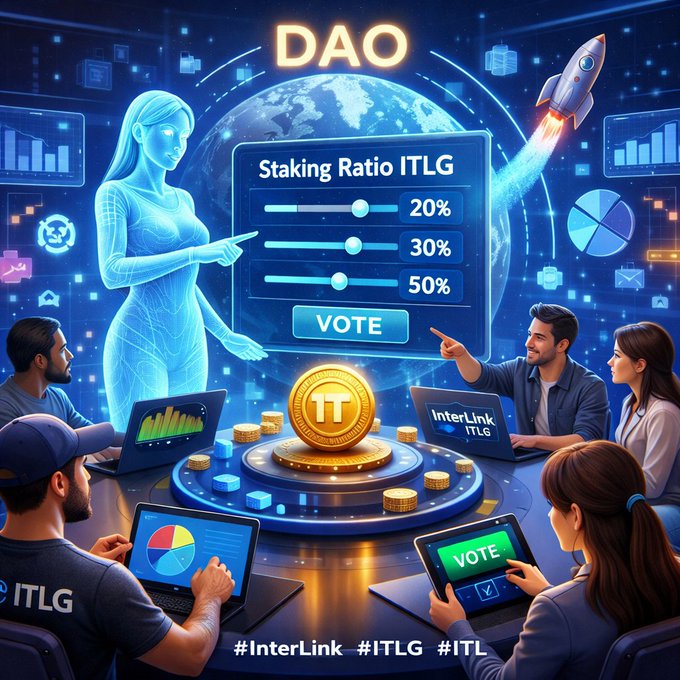 The image features a group of people sitting around a table with laptops open in front of them, suggesting they are working together or participating in an event related to the DAO project. The main focus of the image is a woman standing behind a computer screen displaying information about staking ratio and ITLG. The post also mentions that there's a vote for itlg on the table.