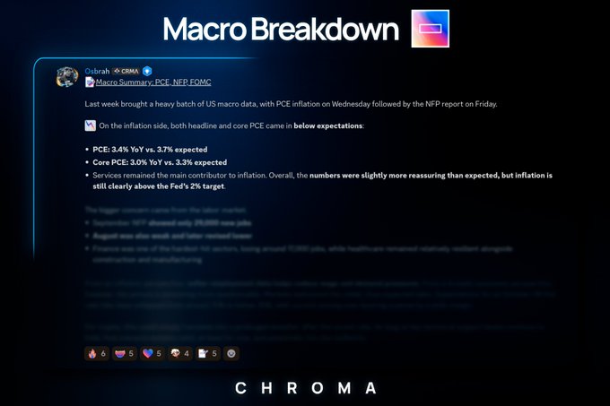 A stylized tweet card titled "Macro Breakdown" features @Osbrah's "Macro Summary: PCE, NFP, FOMC," highlighting that PCE inflation came in below expectations (headline 3.4% YoY, core 3.0% YoY) while services remained the main inflation contributor, visually supporting the post's call for a full macro outlook on $BTC and broader markets.