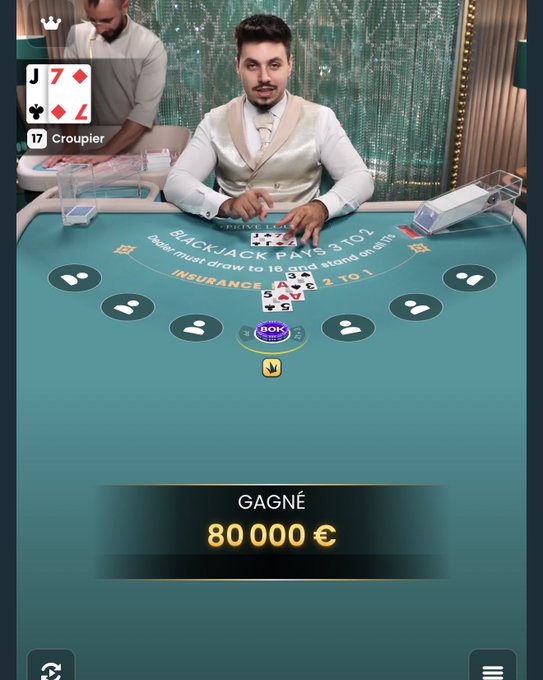 The image shows a live dealer blackjack game in progress, with the croupier displaying a hand and "GAGNÉ 80 000 €" (Won €80,000) displayed prominently. The context of "MY AFFILIATES PUT YOUR PSEUDOS STAKE" suggests the post is mocking affiliate marketers, implying the large winnings shown are likely staged or fabricated for promotional purposes rather than genuine gambling results.