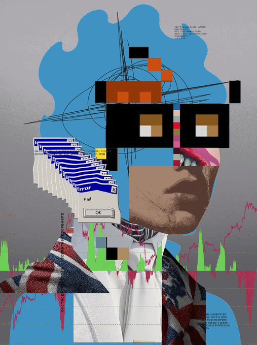 The image features a collage of various elements, including a man's face with glasses, a blue box, a computer screen, and a map. The collage also includes text that reads "GM with the eyes of @tinoch @cryptopunks R3ORDR #3292 by @Dario_Desiena @R3ORDR". This post seems to be discussing GM (General Motors) in relation to the man's face and glasses, possibly suggesting a connection between the person wearing the glasses and the company. The collage also includes elements from the computer screen and map, which could represent different aspects of GM's operations or their global reach.