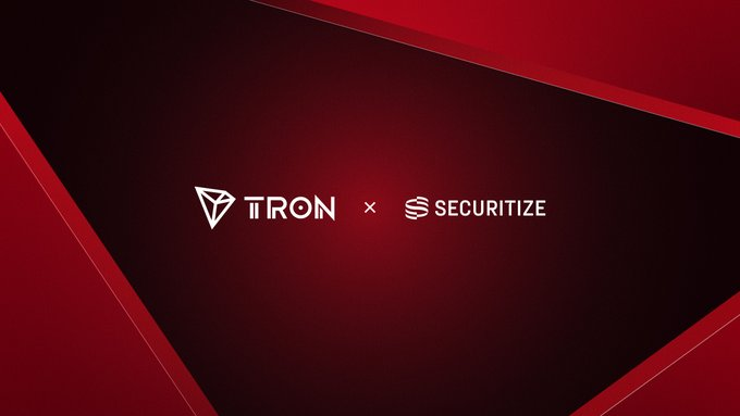 The image displays a red and black branded graphic featuring the TRON and Securitize logos side by side with an "x" between them, indicating a partnership. This visual supports the post's announcement about TRON DAO expanding its DeFi architecture through integration with Securitize's verified tokenized Real-World Assets for native lending pools.