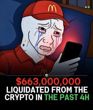 A Wojak-style cartoon character wearing a McDonald's uniform and hat cries while looking at a phone, with text reading '$663,000,000 LIQUIDATED FROM THE CRYPTO IN THE PAST 4H'.
