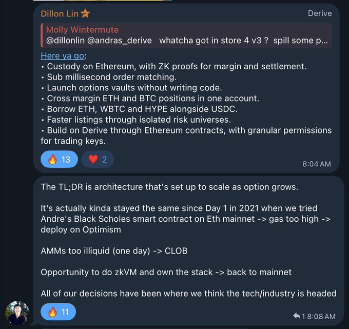 A screenshot of a Discord chat in the Derive channel where user Dillon Lin outlines features of v3 including custody on Ethereum with ZK proofs, sub-millisecond order matching, and cross margin ETH and BTC positions.