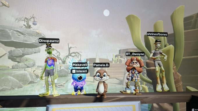A screenshot of a virtual environment showing several avatars named Dinopawnz, Makaveli, Pamela.D, BT_Dwayne, and shrineofbones.
