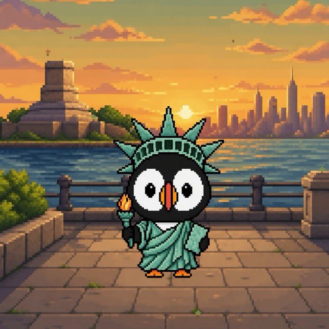 A pixel-art puffin dressed as the Statue of Liberty stands on a waterfront promenade with the New York City skyline at sunset, promoting the "Pixelated Puffins" NFT collection launching on September 1st with a supply of 3,333 on the Robinhood chain, asking holders to secure their whitelist spot.