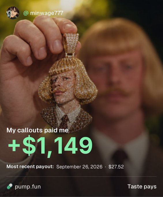 The image is a promotional graphic for Pump.fun featuring a hand holding an elaborate diamond-encrusted pendant depicting a man's face, with another similar-faced man blurred in the background. Text overlays display "@minwage777", "My callouts paid me +$1,149", "Most recent payout: September 26, 2026 · $27.52", along with "pump.fun" and "Taste pays" branding, encouraging viewers to join and earn money from successful trading calls.