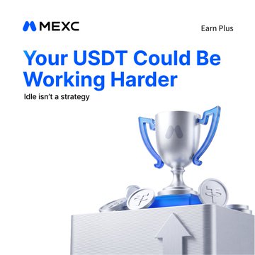 A digital ad for MEXC's Earn Plus program features a silver and blue trophy atop a pedestal alongside a rising arrow, with text reading "Your USDT Could Be Working Harder" and "Idle isn't a strategy." The trophy imagery visually reinforces the message of earning up to 11% APR (with boosters up to 800%) by putting idle USDT to work rather than leaving it unused.