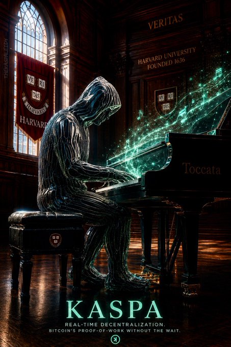 The image features a man sitting at a piano, playing music while wearing a costume that resembles a robot or machine. The poster for this musical performance includes text such as "Kaspa" and "Toccata", which are related to the theme of the composition. Additionally, there is a reference to Bitcoin's proof-of-work system in the image, indicating that the music being played might be inspired by or connected to cryptocurrency technology. The poster also mentions real-time decentralization as an important aspect of the composition.
