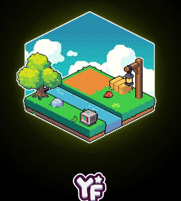 A pixel-art hexagonal NFT showing an isometric farm scene with a tree, river, crops, and a lantern post, displayed above the Yield Fields (YF) logo. The post notes the user bought a YieldFields NFT and is speculating on its post-reveal floor price.