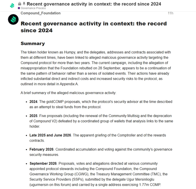 A post titled 'Recent governance activity in context: the record since 2024' by Compound_Foundation, summarizing alleged malicious governance activity targeting the Compound protocol by token holder 'Humpy' from 2024 through February 2026, involving proposals and votes submitted by delegate Ugur Mersinlioglu.