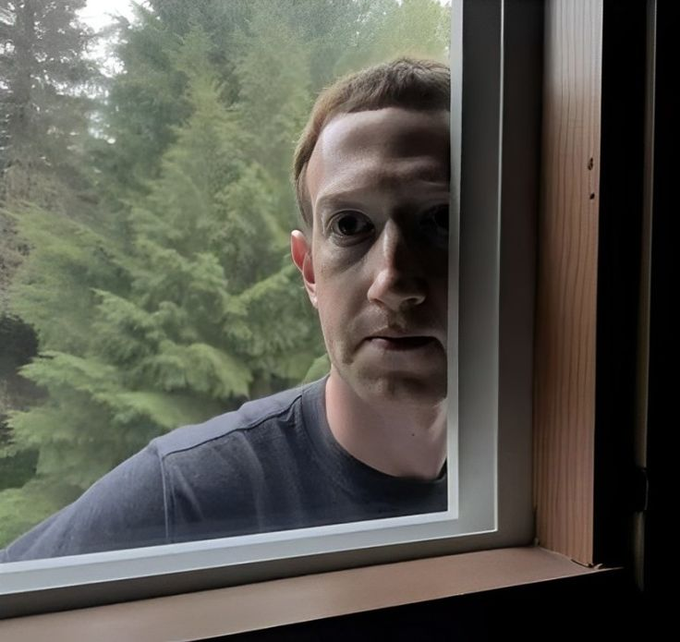 A man with red hair looking through a window from outside, with green trees visible in the reflection and background.