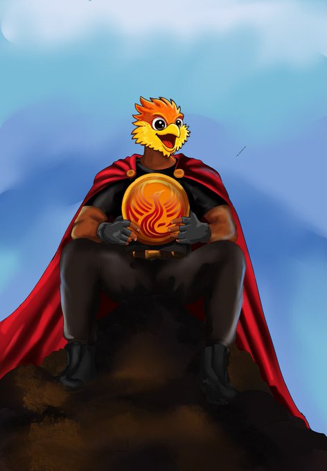A digital illustration of an anthropomorphic bird-like warrior wearing a red cape and black outfit, holding a glowing golden orb with flame designs.