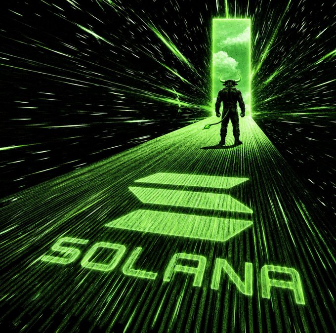 Solana-themed digital artwork depicting a horned warrior figure silhouetted against a glowing green doorway, with the Solana logo and 'SOLANA' text glowing in neon green.