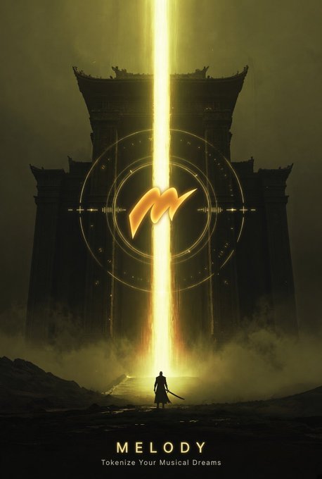 A dramatic poster for 'MELODY - Tokenize Your Musical Dreams' depicting a lone swordsman facing a glowing golden beam of light emanating from a massive gate.