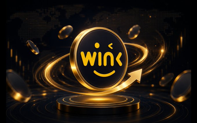 A golden coin featuring a winking smiley face with the text 'wink' surrounded by floating coins and an upward arrow on a dark background.