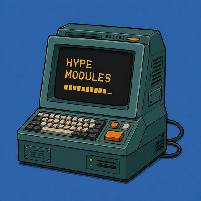 A pixel-art style teal retro computer with an orange display showing "HYPE MODULES_" serves as the visual teaser for the "2222 Hype Modules" NFT drop on Hyperliquid, reinforcing the post's announcement that minting opens in under 24 hours.