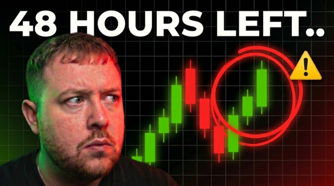 A thumbnail featuring a concerned-looking man with "48 HOURS LEFT.." text, alongside a green and red Bitcoin candlestick chart with a circled upward pattern and warning symbol, promoting a YouTube video about Bitcoin's price movement.