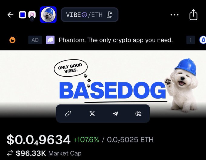 A cryptocurrency app displays the 'BASEDOG' token with the text 'ONLY GOOD VIBES', showing a price of $0.049634 (+107.6%) and a market cap of $96.33K, alongside an image of a smiling dog wearing a blue hard hat.