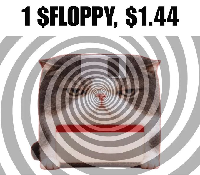 A meme graphic showing a hypnotized cat with concentric spiral eyes overlaid, with the text '1 $FLOPPY, $1.44' at the top.