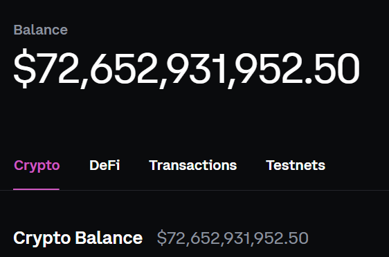 A cryptocurrency wallet interface displaying a Balance of $72,652,931,952.50 with navigation tabs for Crypto, DeFi, Transactions, and Testnets.