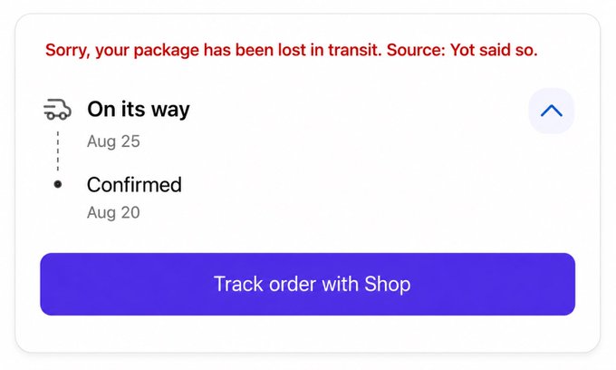 A Shop order tracking notification states 'Sorry, your package has been lost in transit. Source: Yot said so.' with statuses 'On its way' (Aug 25) and 'Confirmed' (Aug 20), and a 'Track order with Shop' button.