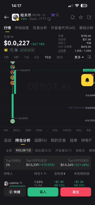 A mobile crypto trading app screenshot showing the token "哈夫币" (HBAR) trading at $0.00227 with a +567.18% gain, featuring the contract address 0x64aafe4d6c4436362a2b072c683f2e8c01fe7777 and a green/red buy-sell interface at the bottom matching the contract address in the caption.