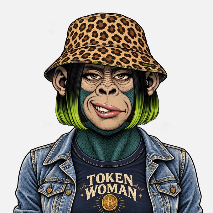 An illustrated monkey character with green-tipped hair wearing a leopard-print bucket hat and a denim jacket over a shirt reading 'TOKEN WOMAN' with a Bitcoin logo.