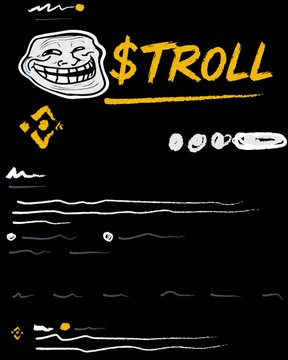 The image features a black background with white text that reads "$TROLL" at the top, followed by a list of items or actions related to trolling behavior. The text also includes a reference to a Twitter account named @wintermute'T @binance and an explanation about Binance's role in the market.