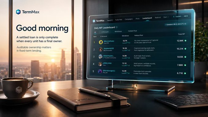 A promotional image for TermMax featuring the text 'Good morning' and 'A settled loan is only complete when every unit has a final owner,' alongside a holographic 'Daily MP Leaderboard' display on a desk with a coffee cup.