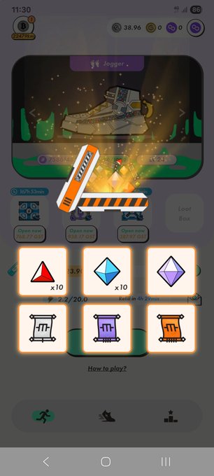 A mobile game screenshot shows a loot box reward screen displaying various gems with multipliers (x10) and scrolls, with an open chest animation revealing the items.