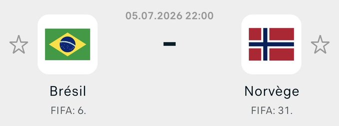 A sports matchup graphic for a game on 05.07.2026 at 22:00 between Brésil (FIFA: 6) and Norvège (FIFA: 31), featuring their respective flags.
