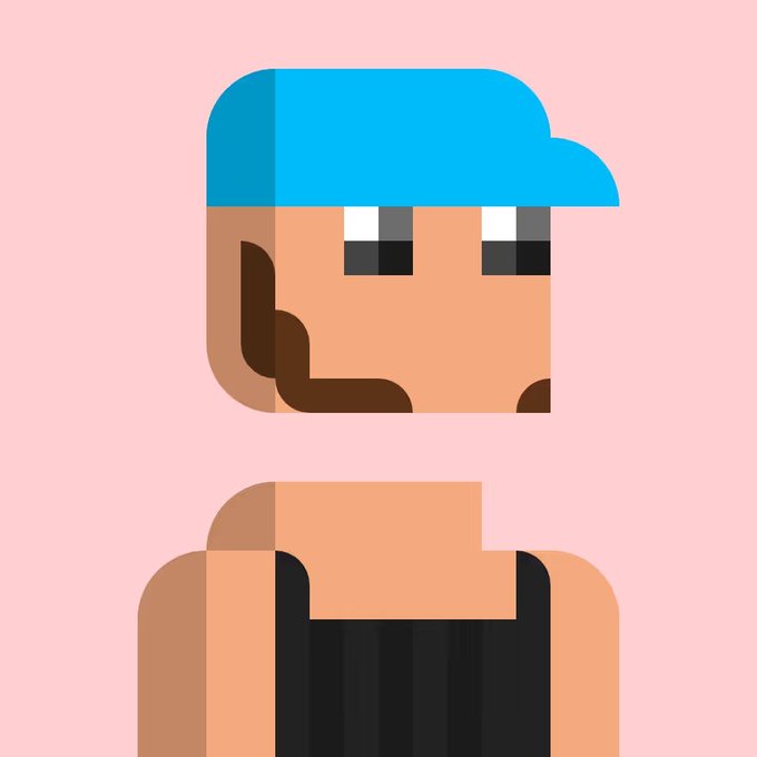A pixel art illustration of a character with a blue cap, brown facial hair, and a black tank top against a pink background.