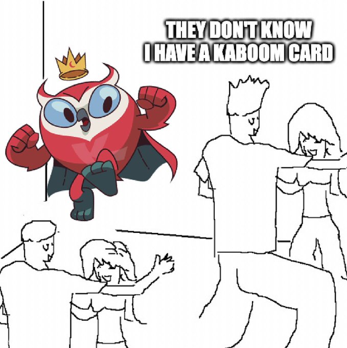 A meme featuring a cartoon red owl-like superhero character with a crown and cape, captioned 'THEY DON'T KNOW I HAVE A KABOOM CARD,' drawn over a white background sketch of people dancing.