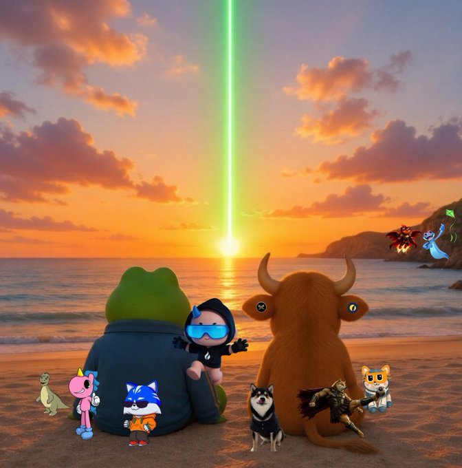A group of animal mascots representing various cryptocurrencies—including Pepe the Frog, a Shiba Inu, Sonic, Uniswap, and a Bitcoin cow—gather on a beach at sunset to watch a green laser beam shoot across the sky, while a small plush toy in the center wears reflective sunglasses, creating a "chill afternoon" vibe perfect for HODLers.