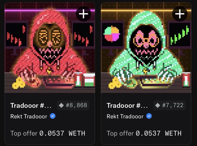 Two NFT listings for 'Rekt Tradooor' items (#8,868 and #7,722), each with a top offer of 0.0537 WETH, featuring pixel art of hooded figures with declining and rising charts.