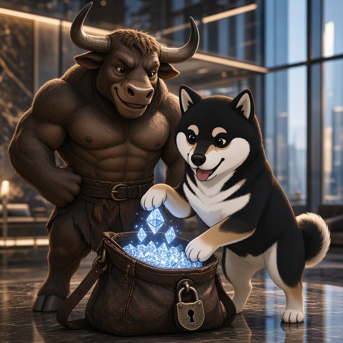 A towering, muscular bull wearing a belt and a cheerful Shiba Inu dog stand together in a sleek modern lobby, reaching into a leather satchel overflowing with glowing blue diamonds. The scene playfully illustrates the post's $MANYU meme coin hype, pairing the iconic bull-and-dog meme duo with sparkling "crypto treasure" to symbolize the predicted bull run and surging memecoin momentum.