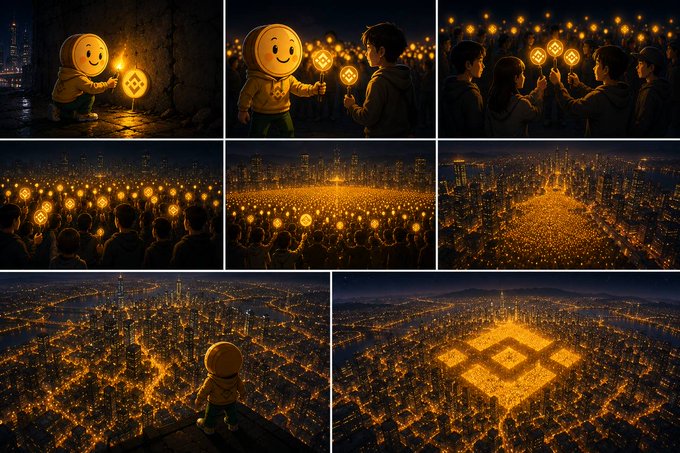 A storyboard-style illustration showing a smiling yellow figure in a hoodie holding a glowing Binance (BNB) token, illuminating an increasingly vast cityscape, with crowds joining until the city lights form a massive glowing Binance logo from above.